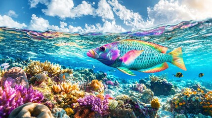 In a coral reef's bottom, a fish swims between corals and seaweed