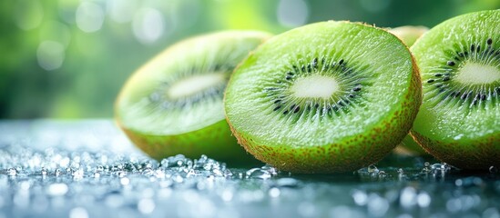 Wall Mural - Close-up of three juicy green kiwi fruit slices on a table with blurred green background.