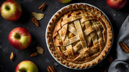 Homemade delicious fresh baked rustic apple pie on dark background