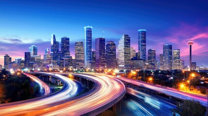 Beautiful city skyline at night with bright city lights, showcasing a vibrant metropolis and busy streets below