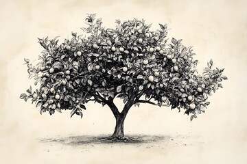 A black and white drawing of a large apple tree