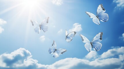 Wall Mural - butterflies gracefully fluttering through a bright blue sky filled with white clouds on a sunny afte
