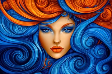 Wall Mural - Hair is styled in a wavy and curly pattern. The woman has blue eyes and blue hair.