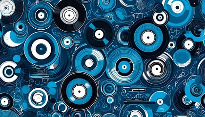 Retro-inspired vinyl record pattern with record players and musical notes in soothing blue hues, capturing the nostalgic essence of timeless music collections