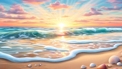 Wall Mural - Tranquil Beach Sunset Over Ocean with Gentle Waves, Umbrellas, Seashells, and Soft Sand Dunes