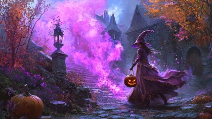 Wall Mural - In the background is purple and orange, while the pumpkin is in the hands of a woman wearing a witch hat