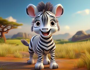 Canvas Print - Cute Cartoon Zebra Character on an African Plain 