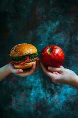 Healthy diet vs fast food. Choosing an apple or hamburger. High quality photo