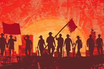 Group portrait of people holding flags in front of a beautiful sunset