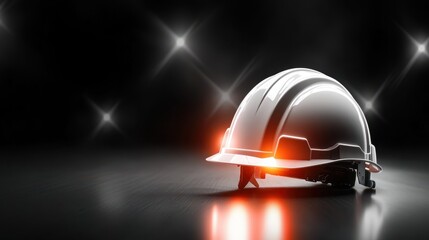 Close-up of a hard hat with a reflective stripe, emphasizing its importance in construction safety.