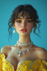 Wall Mural - She's wearing a yellow dress with diamonds on her necklace and smiling.