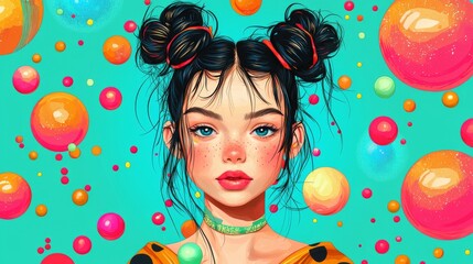 Poster - There is a beautiful woman who wears a colorful headpiece made of small balls. The colorful headpiece features a variety of different colored balls, creating a distinctive look.