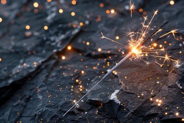 Wall Mural - A close-up view of a sparkler lit and placed on a rock, perfect for use in summer or fireworks-themed designs
