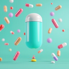 A vibrant, floating capsule surrounded by various colorful pills on a teal background, representing health and medication.