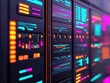 © Whitecatz - A vibrant, futuristic display of server racks featuring colorful LED interfaces and digital readouts, conveying advanced technology and data management.
