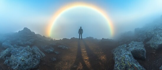 Wall Mural - silhouette of a man standing on a mountain top with a rainbow in the sky.
