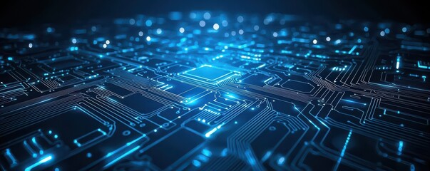Wall Mural - futuristic blue circuit board background with glowing lines and digital patterns representing modern