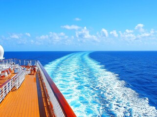 Aegean sea water texture with ship wake in the background. Destination Greece, Cyclades islands. Copy space 1.