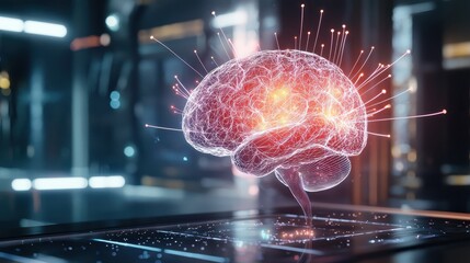 Digital brain model with lines connecting various regions, symbolizing the integration of knowledge and cognitive development.