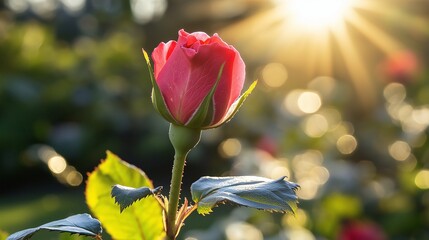 Canvas Print - bright pink rosebud opening its petals