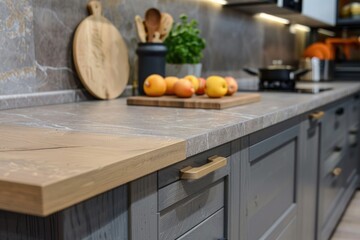 Fresh produce on a kitchen countertop next to a cutting board, perfect for still life photography or culinary-themed designs