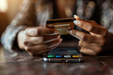 close-up photo of an African woman's hand holding a credit card while shopping online using a smartphone app.