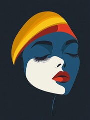 Wall Mural - A woman elegantly poses with closed eyes, showcasing vibrant makeup and a striking headscarf