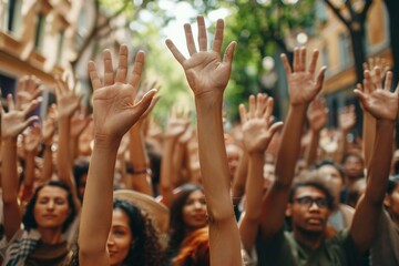 powerful image of a diverse crowd raising their hands in support and unity.