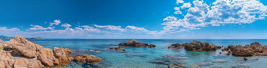 Beautiful coastal landscape with turquoise water and rocky shoreline under a blue sky