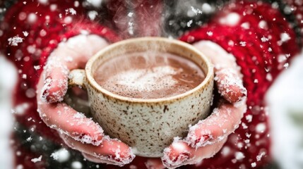 Close-up of hands holding a steaming cup of hot chocolate in a snowy park