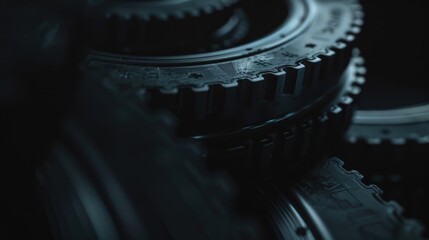 A detailed shot of mechanical gears on a dark background