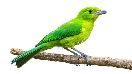 Wall Mural - Green Broadbill Bird Perched on a Branch on a White Background, Photo Realistic, Wallpaper, Cover and Screen for Smartphone, PC, Laptop, 9:16 and 16:9 Format