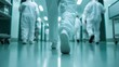 © Larisa AI - A medical team in protective white suits walks through a hospital corridor, highlighting safety, teamwork, and preparedness in a healthcare environment.