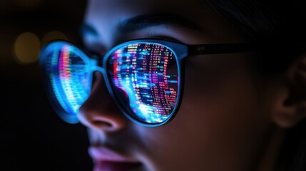 Programming code is reflected in the glasses of a woman working at a computer and creating programs for modern technology