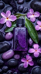 Poster - Among purple flowers and purple rocks is a bottle of purple liquid