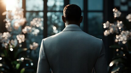 A man in a light-colored suit stands with his back to the viewer, surrounded by blooming orchids, with warm sunlight casting gentle rays through a window.