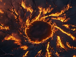 This abstract interpretation of a forest fire features jagged red and orange lines, smoke spirals above, a hexagonal frame, a dramatic theme, realistic rendering, and a dark background.