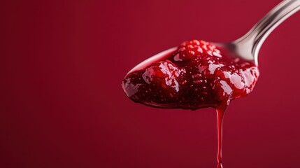 Close-up view of a metal spoon filled with rich, red raspberry jam, glistening in the light against a matching background. The jam is thick and has visible berry pieces.