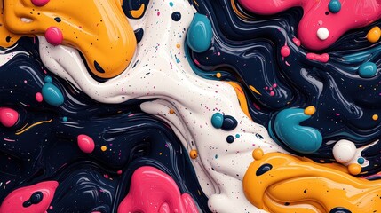 Wall Mural - a captivating image of swirling paint in vivid pink, yellow, teal, and white colors, forming fluid p