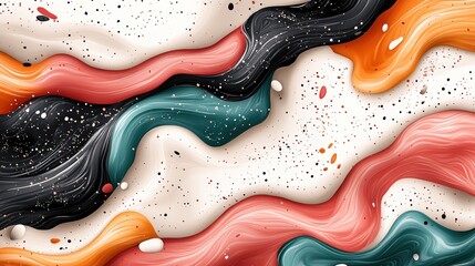 A modern abstract design featuring flowing red, teal, orange, and black lines against a light backdrop, creating a textured and visually striking pattern.