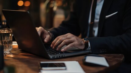 Person typing on a laptop during a business meeting in a professional setting