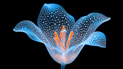 Wall Mural - glowing translucent flower with vibrant orange stamens on a dark background, showcasing intricate pa