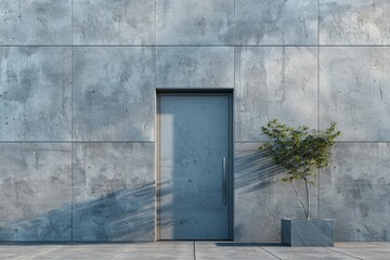 A door with a tree standing in front of a concrete wall