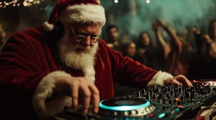 A vibrant image of Santa Claus DJing at a lively Christmas party, surrounded by dancing people, highlighting the festive spirit and playful holiday atmosphere.