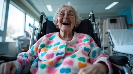 A cheerful elderly woman in a wheelchair with a heart-patterned jacket laughs heartily, conveying warmth and happiness in a healthcare setting indoors.