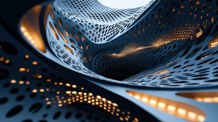 Poster - abstract 3d rendering of a dark blue curved surface with holes and glowing lights.