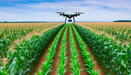 Wall Mural - Innovative Drone Surveillance in Precision Farming and Environmental Monitoring Over Expansive Cornfields