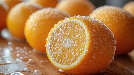 A detailed macro shot of freshly cut oranges with bubbles forming on the surface, capturing the freshness and juiciness of the fruit in stunning clarity