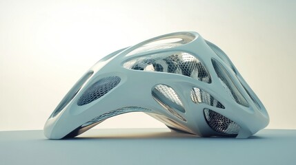 Poster - abstract futuristic structure with a white exterior and silver mesh accents.