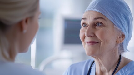 Two healthcare professionals share a warm moment in a clinical setting with smiles and support.